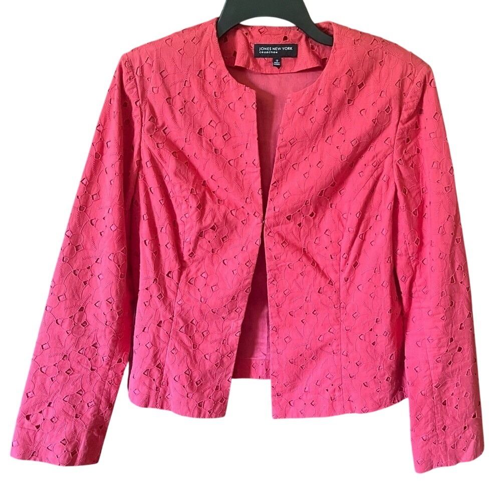Jones New York Collection Coral Eyelet Blazer Women's 12 Cotton Single eyelet